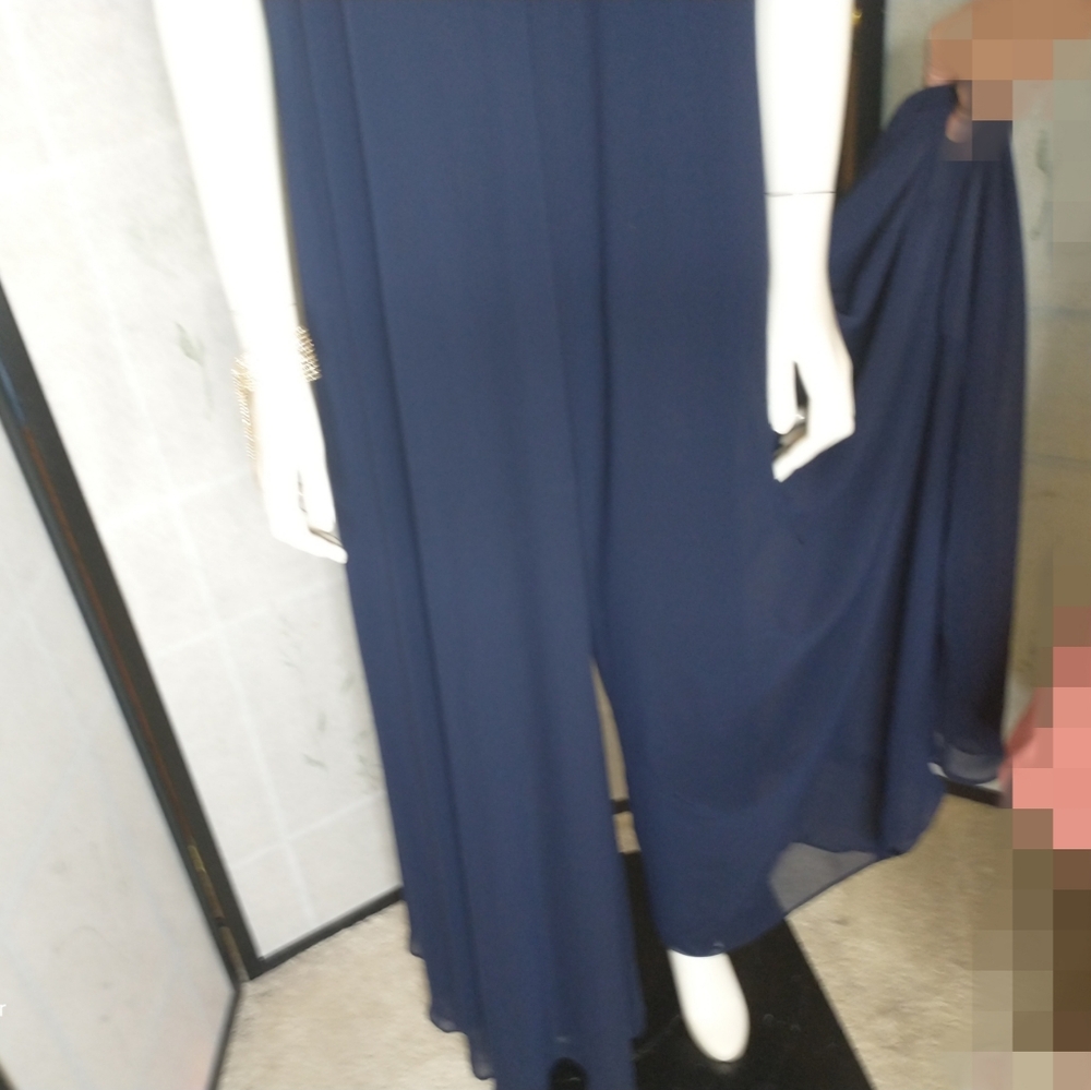 Elegant Formal Navy Blue Wide Leg Chiffon Jumpsuit By Prelude Size L - Picture 6 of 12